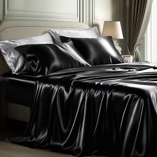 Image of Bedsure Black Satin Sheets Queen Size, Soft Silky Bedsheet for Hair & Skin