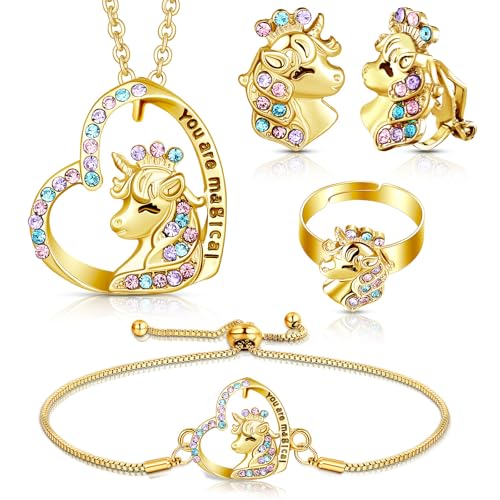 Herdear 4 Pcs Girl Unicorn Axolotl Jewelry Set Necklace Bracelet Ring Clip on Earrings Crystal Pendant Gifts for Toddler(Gold Modern Unicorn)