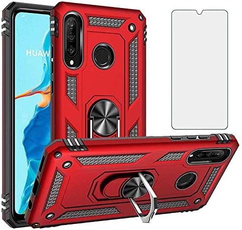 Phone Case for Huawei P30 Pro with Tempered Glass Screen Protector Cover Stand Ring Rugged Silicone Holder Hard Shockproof Heavy Duty Accessories Magnetic Metal huewai Hawaii Hwauei P 30 30pro Red
