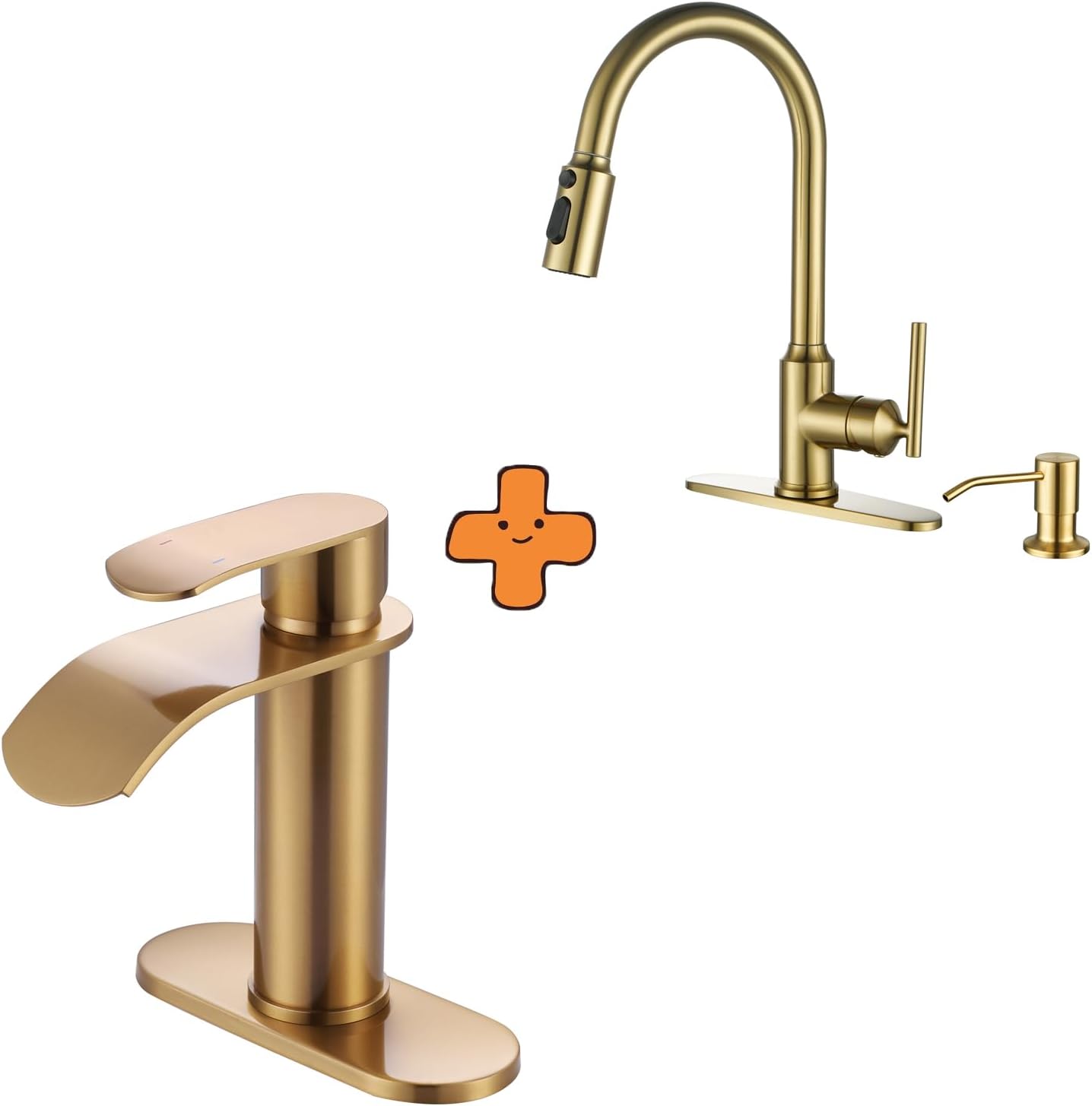 WOWOW Waterfall Bathroom Faucet, Gold Bathroom Sink Faucet for 1 Hole or 3 Holes and Kitchen Faucets with Pull Down Sprayer, Gold Kitchen Faucet with Sprayer