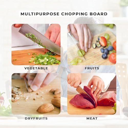 Image of JAGIRA Divine Touch Bamboo Wooden Chopping Board with Wood Handle, Multipurpose Cutting Board for Vegetables, Fruits & Cheese, Kitchen Use, BPA Free
