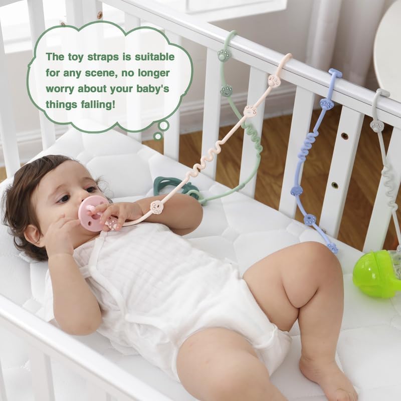 Image of Toy Straps for Baby, 5 Pack Spoon Toy Bottle Bungees with Toddler Utensil, Silicone Pacifier Clips Harness Straps for High Chair, Strollers, Shopping Trolley,Cars,Hanging Baskets,Cribs,Bags-All Green