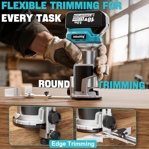 Cordless Compact Router Compatible with Makita 18V Battery, With 1 x 5.0Ah Rechargeable Battery, 6 Pcs Router Bits for Woodworking, 6 Variable Speeds Router With Trim Bits
