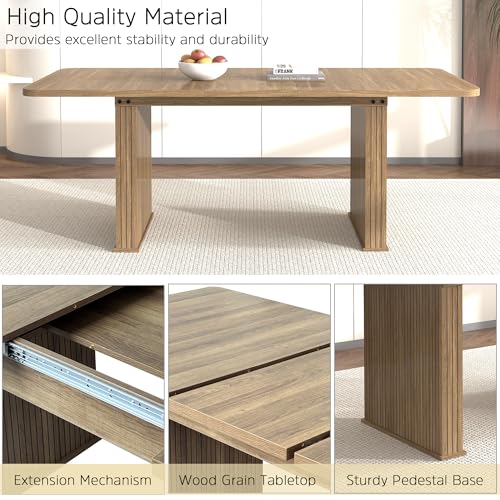 Image of 78.74 inch Extendable Dining Table for 6 8 10 Person, Farmhouse Rustic Expandable Table Large Rectangle Wooden Expanding Table with Fluted Pedestal Base for Kitchen Dining Meeting Room Small Space, Brown