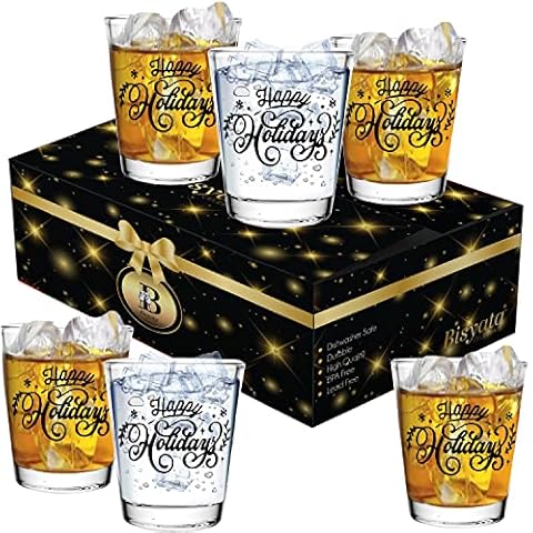 Holiday Party Shot Glasses - "Happy Holidays" - 2 Oz - Set of 6 - Gift for Men, Dad, Christmas, New Years, Holidays, Parties, Events, Bars - with Gift Box - by Bisyata Cover