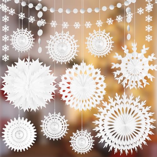 PLULON 12 piezas de adornos navideños papel blanco forma copo nieve decoraciones fiestas invierno en el país las maravillas adornos colgantes abanico forma nieve cumpleaños suministros fiestas Navidad