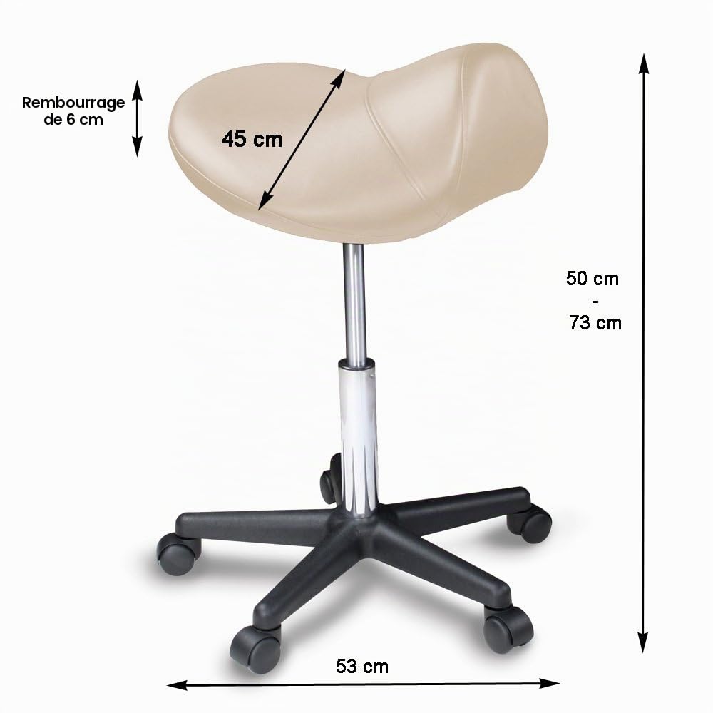 Tabouret selle extra large, siège-selle réglable 50-73 cm, 170 kg (Beige) | Tabouret pivotant ergonomique, assise selle extra large – Siège de travail favorisant une posture dynamique et droite