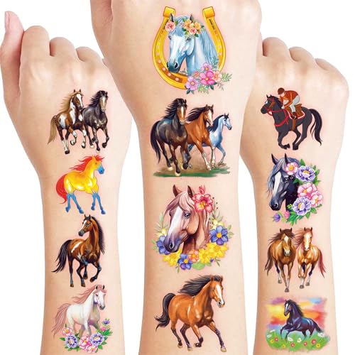 96 PCS Floral Horse Cowgirl Pre-Cut Temporary Tattoos for Kids | Super Cute Horse Themed Birthday Party Favors, Supplies, Decorations, Fake Tattoo Stickers, School Rewards Prizes Gifts for Boys Girls