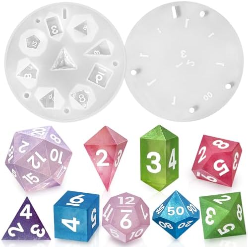 RESINWORLD Upgraded 9 Piece Polyhedral Dice Mold (New Font), 7 DND Dice Set Mold & Pendant Crystal D4 Mold Silicone