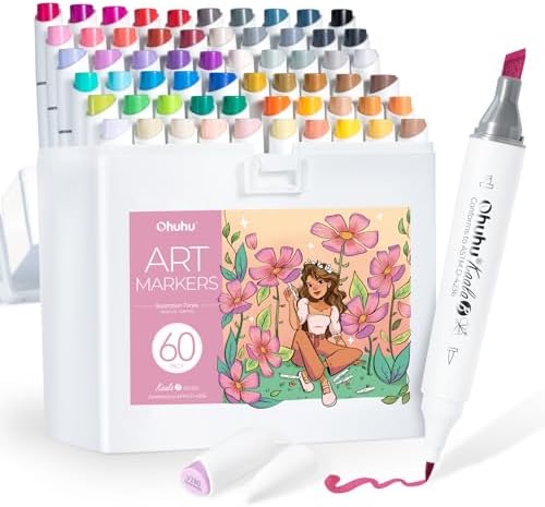 Ohuhu Alcohol Markers: Mini Brush & Slim Broad 60 Illustration Colors Dual Tip Brush Tip Alcohol-based Art Marker for Artists Adults Coloring Illustration- Refillable - Kaala B Series of Ohuhu Markers