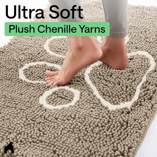 Image of GORILLA GRIP SoakSTOPPER Dog Door Mat, 48x30 Machine Washable Rug Absorbent Doormat Captures Moisture Mud Dirt, Quick Dry Soft Chenille Entryway Rugs Indoor Entrance Mats for Dog Paws, Beige Ivory
