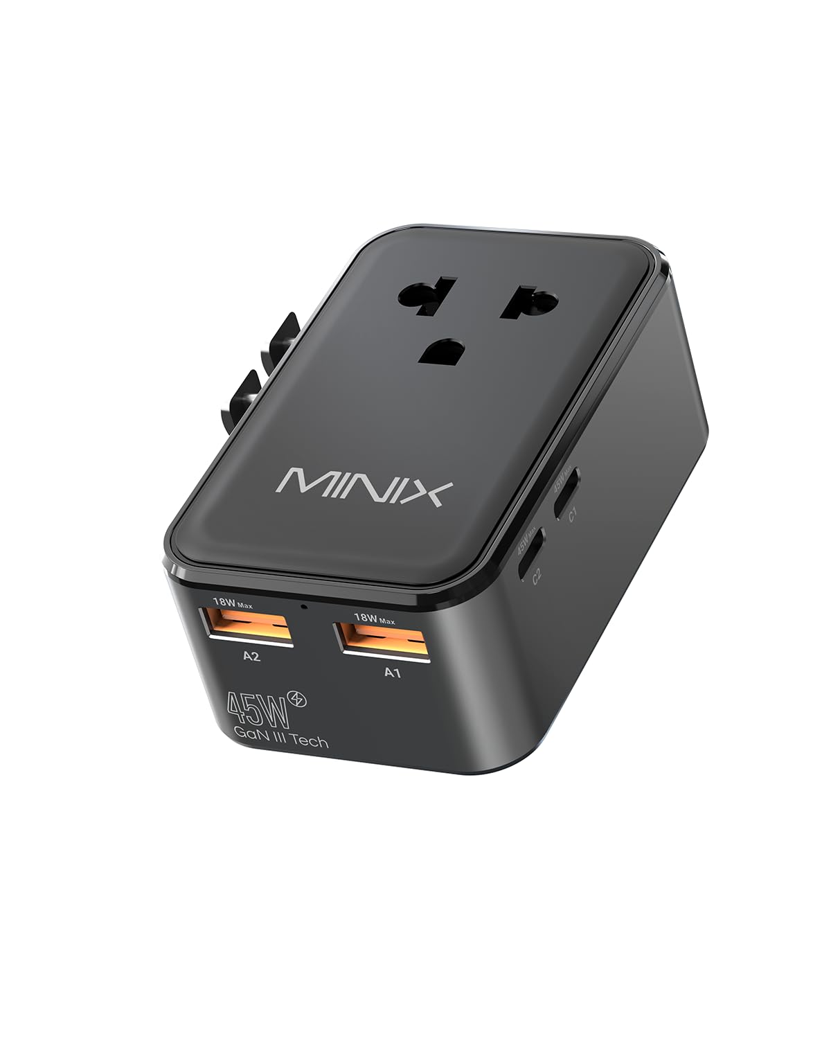 MINIX 45W Universal Travel Adapter, 5-Port GaN III International Travel Plug Adapter for Europe, US, UK & AU, Slim PD Fast Charger (1 AC, 2 USB-C, 2 USB-A) for Business Travel, Not a Voltage Converter