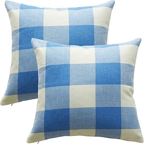 BlueCosto 2X Blue/Beige Buffalo Plaid Decorative Square Linen Throw Pillow Covers Set Cushion Case for Sofa Couch Home Bed Car 18x18Inch 45x45cm
