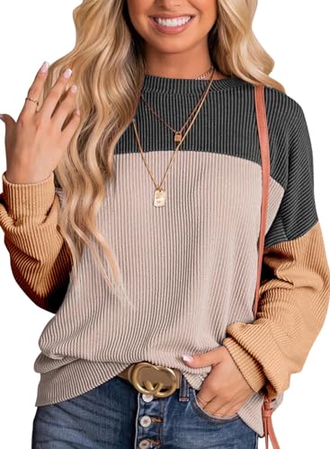 Ivicoer Womens Color Block Pullover Shirts Ribbed Long Sleeve Tops Fall Casual Loose Sweatshirts Fashion