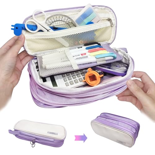 Namii W Pencil Case Large Capacity Pouch Bag with Zippers, Expandable Pen Bag Storage Holds 50-100 Pencils, Colors Pencil Box Organizer Case Office School Supplies for Girls Boys Adults(Purple)