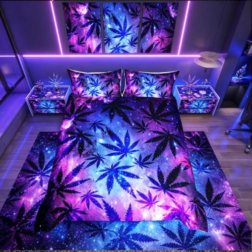 Homemissing Juego De Ropa De Cama Y Ropa De Cama Con Diseño De Hojas De Marihuana Para Adolescentes, Tamaño King, Para Mujeres, Hombres, Jóvenes, Hojas De Marihuana, Ropa De Cama Y Lino Suave, Morado