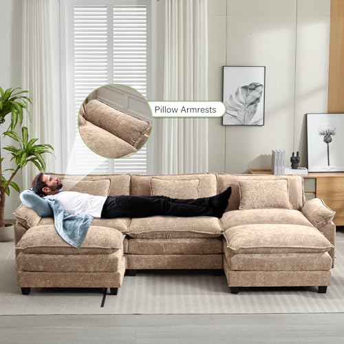 Image of Oprisen 120 inch Modular Sectional Sofa, Comfy Cloud Couch Sectional Sofa with Ottoman, Chenille Sofa Sleeper Deep Seat Sofa with Throw Pillows for Living Room (Khaki, 120 inch- U Shape)