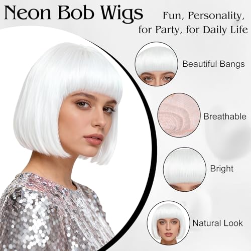 Image of MEEZY 2 Pcs Neon Bob Wigs with Bangs Black White for Women Colorful Fun Wig Short Bob Hair with Heart Sunglasses Hair Cap for Halloween Costume Cosplay Photography Birthday Bachelorette Party Carnival