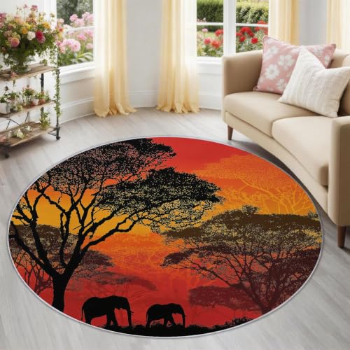 Tapis rond 90 cm silhouette d'arbres rouges lavable