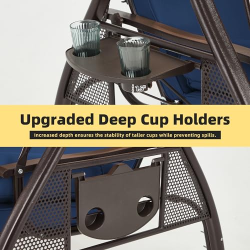 Image of HOMREST 3 Seat Outdoor Porch Swing with 1.5 inch Deepened Cup Holder, Adjustable Canopy, Patio Swing Bed with Stand, Patio Glider Swing with Thicken Cushions, Pillow for Yard, Garden(Blue)