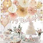 Champagne-Gold Beige Birthday Decorations for Women Girls,Cream Neutral Balloons Décor,Happy Banner,Boho Peach Paper Lanterns Tissue Pom Poms Fan,Anniversary Princess Backdrop Party Supplies - Image 5