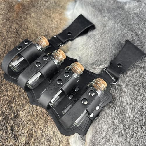Jeilwiy Medieval Alchemy Belt with 4 Cork Vials, Embossed Faux Leather Buckle Belt, Fantasy Wizard Potion Bottles Belt4