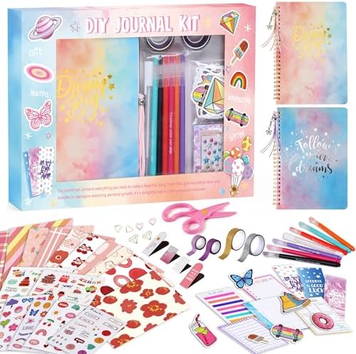 DIY Journal Kit for Girls Ages 8 9 10 11 12 13 14-Scrapbook Kit with 2 Diaries & 300+ Scrapbooking Supplies, Journaling Arts & Crafts Set, Perfect Halloween/Thanksgiving/Christmas Gifts for Teens & Teen Girls