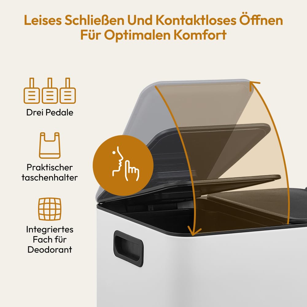 CASABEL Dreifach-Küchenabfalleimer 3x20L, 3 Pedale, Edelstahl, weiß | Dreifachfach, Mülltrennung, 60L, dichte Deckel, fingerabdruckresistent, herausnehmbare Eimer, pflegeleicht