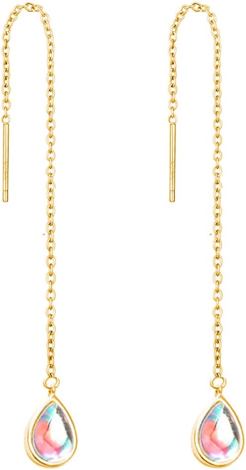 SLUYNZ 925 Sterling Silver Long Threader Earrings Chain for Women Droplet Tassel Earrings Moonstone