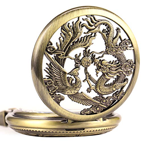 Image of ManChDa Antique Mechanical Pocket Watches for Men Lucky Dragon Phoenix Pocket Watch with Chain Skeleton Dial Roman Numerals Gifts for Fathers Day