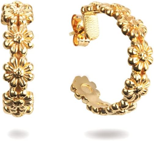 Exquisite 14K Yellow Gold Daisy Flower Hoop Earrings (0.77") for Women