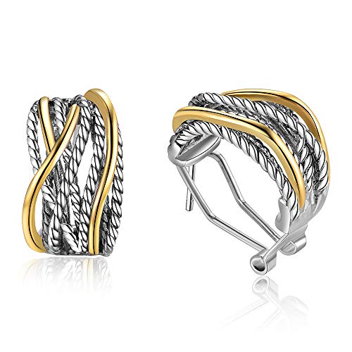 Two Tone Huggie Hoop Earrings Cross Over Design Twisted Rope Silver Gold Statement Wide Band Clip On Hoops for Women Fashion Jewelry Gift