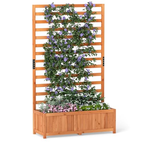 COSTWAY Blumenkasten mit Rankgitter, Pflanzkasten für Kletterpflanzen, Hochbeet mit Spalier, Liner & Entwässerung, Blumenkübel für Garten Balkon, Gartenspalier Rankkasten Holz, 90x35x150cm (Orange)