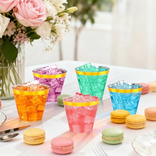Image of 30 Pcs Gold Plastic Cups,9Oz Gold Rimmed Plastic Cups,Heavy Duty Gold Rim Clear Disposable Plasitc Cocktail Tumblers Wine Cup for Party,Wedding,Birthday,Christmas