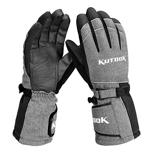 KUTOOK Guantes Esquí De Pantalla Táctile con Palma De PU Guantes Snowboard Largo Manga Hombre Mujer con Membrana Impermeable Guantes Nieve Invierno Guantes Ski Tiras Reflectantes(Gris,M)