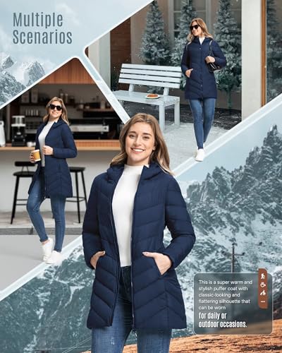 Outdoor Ventures Damen Wintermantel Langer Warmer Steppmantel Leicht Parka Wasserdicht Winterjacke mit Kapuze Funktionsjacke Übergangsjacke Schwarzblau XL