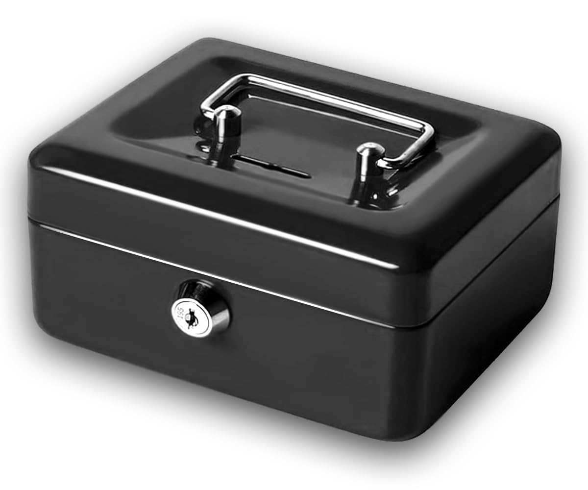 AZK Solutions Metal Money Box with Coin Slot - Money Boxes for Adults/Piggy Banks for Adults, Secure Hard Metal Cash Box with 2 Lock Keys, Perfect for Saving Money or Secure Cash. (Black, 8 Inches)