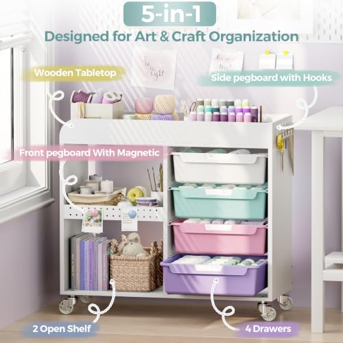 SYKIARIOL Craft Organizers and Art Supply Storage, Art Cart, Rolling Cart with 4 Drawers & Metal Pegboard, 5 Hooks, Cute Macaron Color Magnets for Craft Room, Office, Classroom, Ice Cream - Image 8