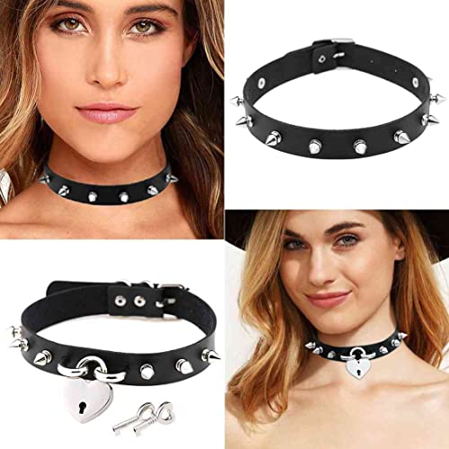 Jnket 4Pcs Harajuku Rivets Choker Pu Leather Collar Gothic Necklace Adjustable Size Neck Accessories (01-Black) #TOP3