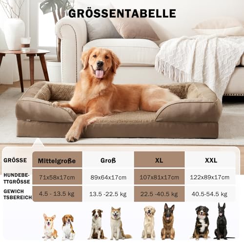 JOEJOY Orthopädisches Hundebett Grosse Hunde, Memory Foam Hundesofa XL, Abnehmbarem Waschbares Hundebett Orthopädisch, 107x81x17 cm Eierförmiger rutschfest Hundecouch, Braun