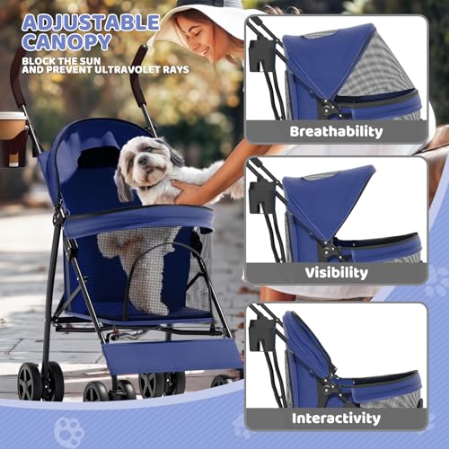 Image of Magshion Compact Fold Pet Travel Stroller for Small Dogs Cats, Navy Blue | Up to 22lbs, 4-Wheel Lightweight Umbrella Shaped Design, Safety Tethers, Breathable Mesh, Cup Holder & Rear Storage