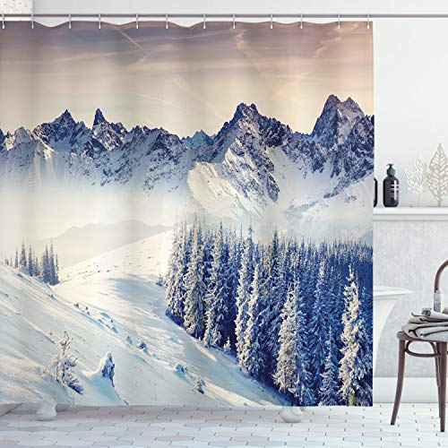 ABAKUHAUS Nature Shower Curtain, Snowy Winter Dramatic Overcast Sky Wonderland Snowfall Seasonal Panorama Print, Cloth Fabric Bathroom Decor Set with Hooks, 86 Inches Extra Long, Blue Grey White