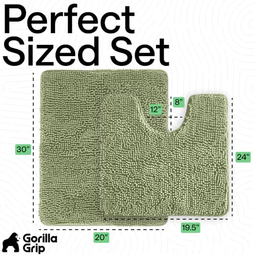 Image of GORILLA GRIP Bathroom Rug Sets, Soft Chenille 2 Piece Area Rugs Set, Toilet Base Mat and 30x20 Carpet, Absorbent Microfiber Washable Mats Dry Quickly, Home Decor and Bath Room Accessories Sage Green