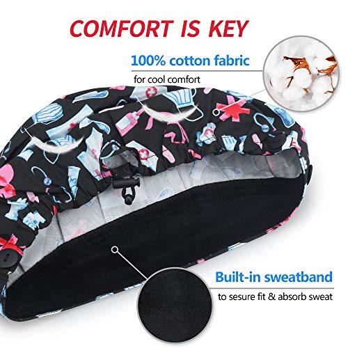 Image of Bouffant Caps with Button and Sweatband, Adjustable Scrub Caps for Women Men, One Size Multi Color