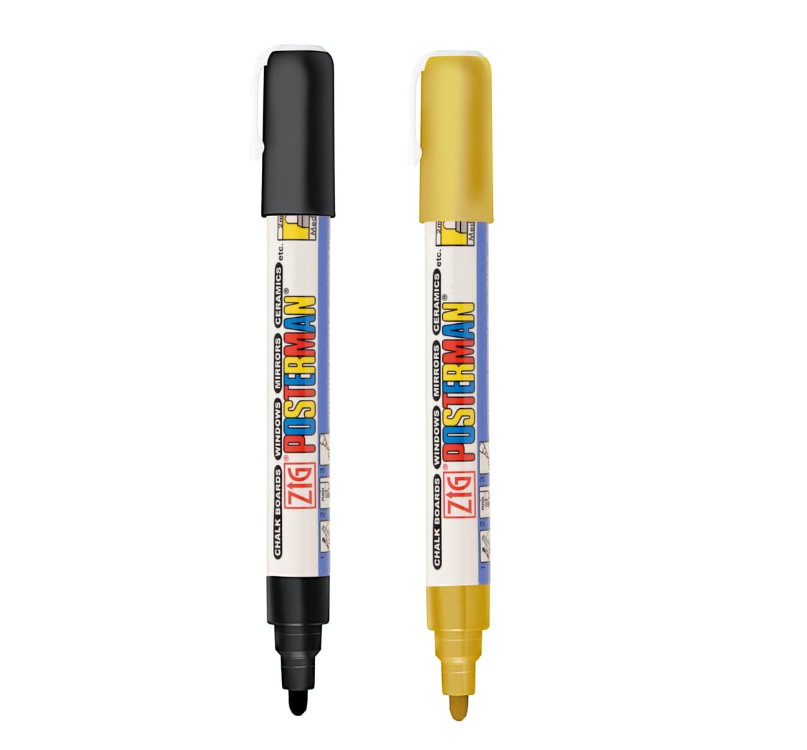 ZIG POSTERMAN Medium TIP SIZE: 2 mm [Black & Gold Special combo set] Never Fade Quick Dry and Permanent Works on Rocks Painting Wood Fabric Plastic Canvas and much more. AP-Certified JAPAN