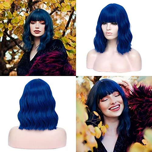 TopWigy Short Royal Blue Wig, Curly Wave Wigs with Bangs, Fluffy Colorful Shoulder Length Synthetic Heat Resistant Hair for Costume Cosplay Daily Use(Bright Royal Blue,14")
