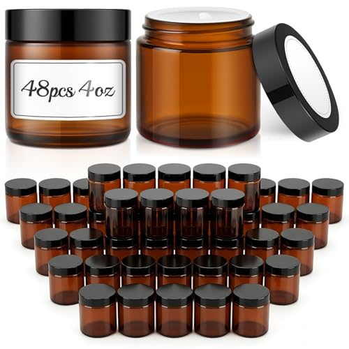 Bumobum 48 Pack 4 oz Small Glass Jars with Lids Amber Glass Lotion Jars with Inner Liners 120ml Round Refillable Empty Containers with Blank Labels for Cream Body Scrub Cosmetic
