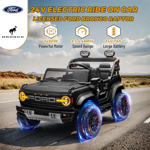 ENYOPRO 24V Licensed Ford Bronco Raptor Electric Ride On Truck, 2 Seater Bluetooth, LED Lights - Black