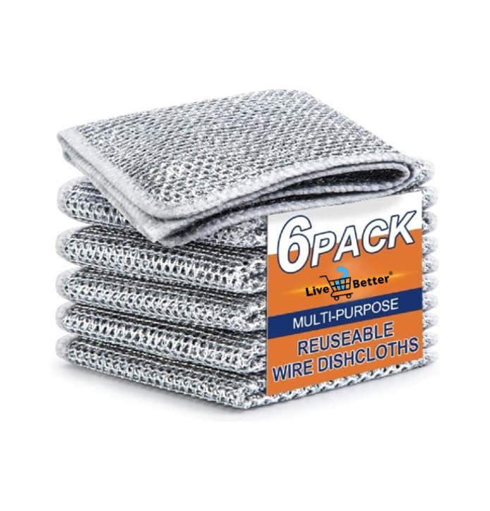 Live2Better Multipurpose Wire Dishwashing Rags for Wet and Dry Stainless Steel Scrubber Non-Scratch Wire Dishcloth for Washing Dishes Sinks Counters Easy Rinsing Machine Washable (6 Pack) (B0D53SWRT6) Amazon Price History, Amazon Price Tracker
