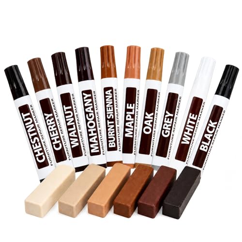 Qibivfo Kit Reparación Muebles 16 Piezas – 10 Rotuladores para Madera y 6 Ceras Duras para Reparar Arañazos, Grietas y Golpes en Parquet, Laminado, Vinilo y Muebles
